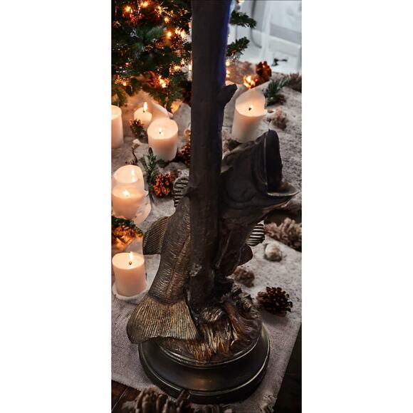 Bass Table Lamp Antique Bronze Color Heavy Resin Tan Faux Rawhide Shade 27" Tall - Picture 3 of 7